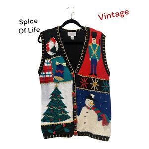 Spice of Life Holiday Knit Sweater Vest Embellished Poinsettia Vintage